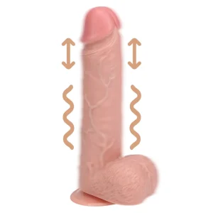 The Real Rock 8 Inch Realistic Vibrating and Thrusting Dildo With Balls stands upright on its suction base, with wavy and arrow icons highlighting its vibration and thrusting features against a white background.