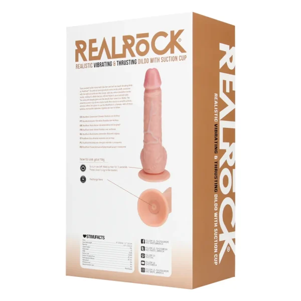 the back of the packaging displays the Real Rock 8 Inch Realistic Vibrating and Thrusting Dildo With Balls, featuring a suction cup. The packaging shows product images, features, and English specifications.