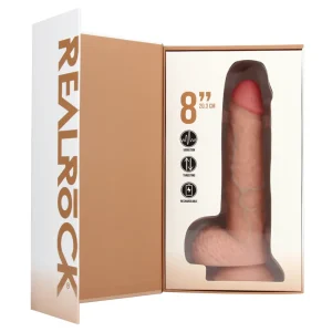An 8-inch vibrating and thrusting dildo with balls, packaged in an open box labeled "REALROCK," displays product features on the inside cover.