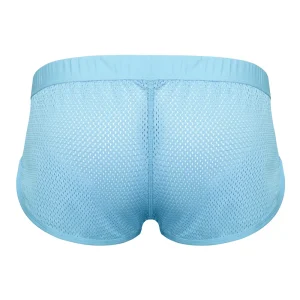Sukrew Breeze Blue Net Shorts shown from the back, featuring an elastic waistband and breathable perforated mesh fabric.