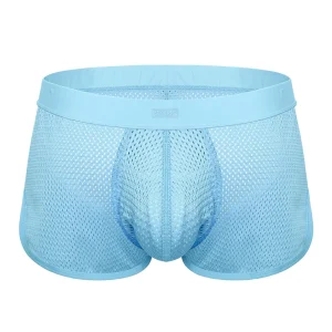 Sukrew Breeze Blue Net Shorts: men's light blue mesh boxer briefs with breathable, see-through fabric and a contoured pouch, shown on a white background.