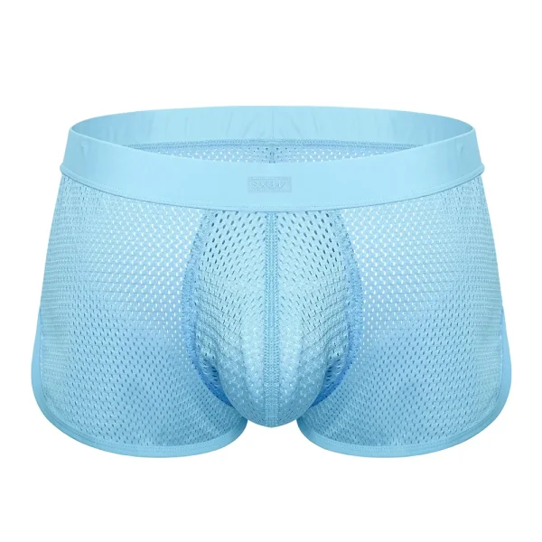Sukrew Breeze Blue Net Shorts: men's light blue mesh boxer briefs with breathable, see-through fabric and a contoured pouch, shown on a white background.