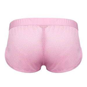 The back view of the Sukrew Summer Pink Net Shorts feature a light pink, breathable perforated mesh design, an elastic waistband, and are shown here from the back.