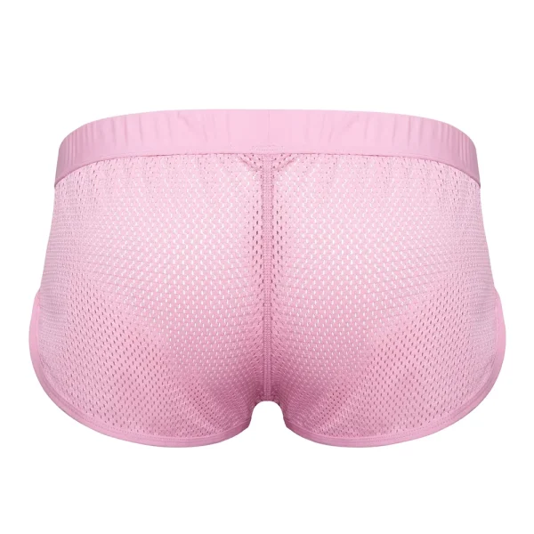 The back view of the Sukrew Summer Pink Net Shorts feature a light pink, breathable perforated mesh design, an elastic waistband, and are shown here from the back.
