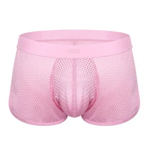 Front of the Sukrew Summer Pink Net Shorts: men’s light pink mesh boxer briefs featuring a see-through, breathable fabric and supportive pouch, shown against a white background.