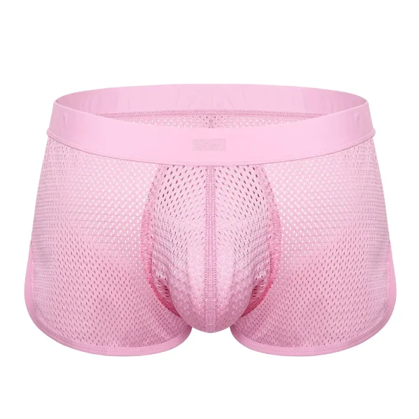 Front of the Sukrew Summer Pink Net Shorts: men’s light pink mesh boxer briefs featuring a see-through, breathable fabric and supportive pouch, shown against a white background.