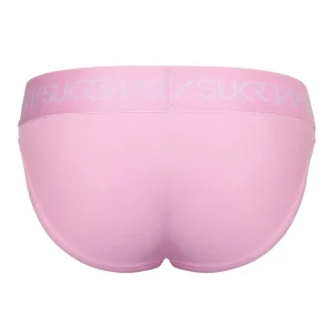 Back view of the Sukrew Summer Pink U-Style Brief featuring a smooth, stretchy material and an elastic waistband with the "SUKREW" brand name repeated in light pink.
