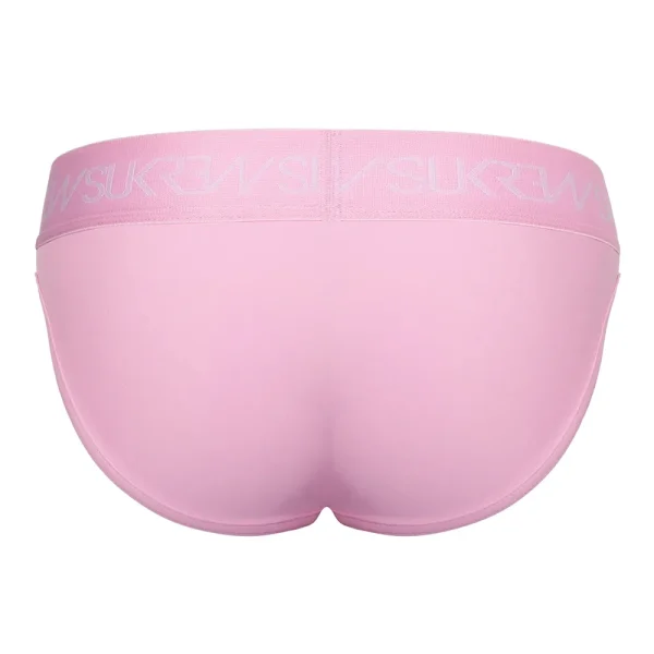 Back view of the Sukrew Summer Pink U-Style Brief featuring a smooth, stretchy material and an elastic waistband with the "SUKREW" brand name repeated in light pink.