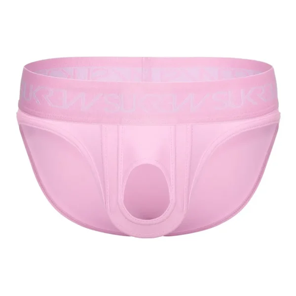 The Sukrew Summer Pink U-Style Brief features a light pink design, supportive pouch, with open front hole, and a wide waistband with subtle matching "SUKREW" branding.