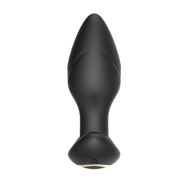 Front view of the Toosh Remote Controlled Silicone Rotating and Vibrating Butt Plug. It is black, features a tapered tip, flared base with a gold accent and control buttons, ensuring safe, comfortable insertion and easy operation.