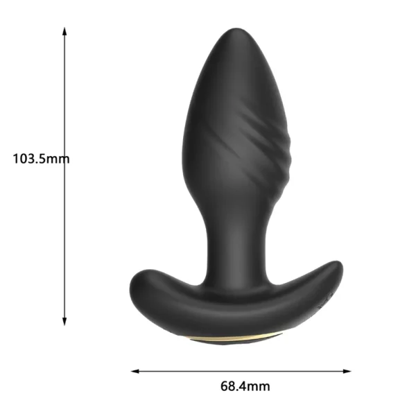 Toosh Remote Controlled Silicone Rotating and Vibrating Butt Plug: black silicone with a curved base, gently textured surface, 103.5mm high and 68.4mm wide. Shown on a white background with measurement arrows.