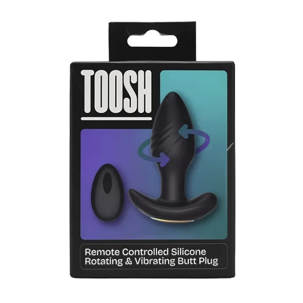 A retail box for the Toosh Remote Controlled Silicone Rotating and Vibrating Butt Plug displays the black plug and its remote on a blue-purple gradient background, with arrows highlighting the rotation feature.