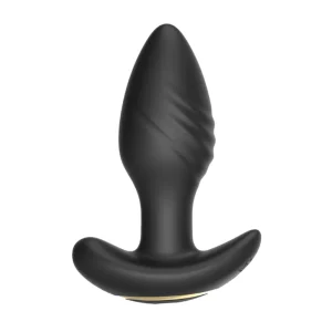 Side view of the Toosh Remote Controlled Silicone Rotating and Vibrating Butt Plug features a black, tapered tip and a curved, flared base for safe and comfortable use.
