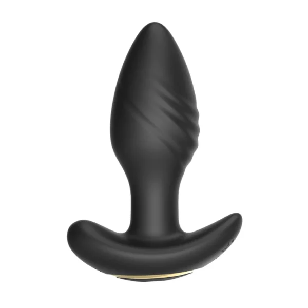 Side view of the Toosh Remote Controlled Silicone Rotating and Vibrating Butt Plug features a black, tapered tip and a curved, flared base for safe and comfortable use.