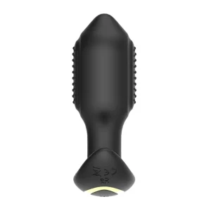 Front view of the Toosh Remote Controlled Silicone Vibrating Butt Plug in black, features a smooth, tapered shape, textured sides, a rounded and flared base.