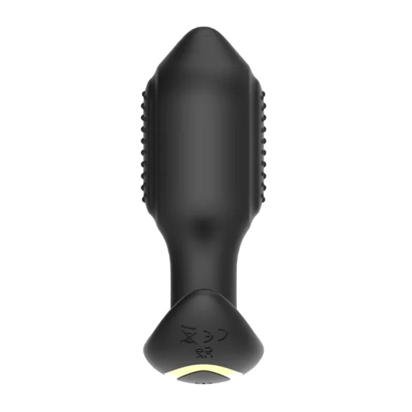 Front view of the Toosh Remote Controlled Silicone Vibrating Butt Plug in black, features a smooth, tapered shape, textured sides, a rounded and flared base.