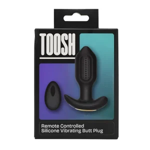 The Toosh Remote Controlled Silicone Vibrating Butt Plug is shown with its black remote on a gradient blue and purple background, with the product featured prominently on the front of the box.
