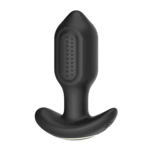 Side view of the Toosh Remote Controlled Silicone Vibrating Butt Plug features a textured body, tapered tip, and curved and flared base for safety and comfort. Made from black silicone for a smooth feel and easy control.