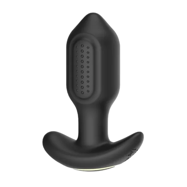 Side view of the Toosh Remote Controlled Silicone Vibrating Butt Plug features a textured body, tapered tip, and curved and flared base for safety and comfort. Made from black silicone for a smooth feel and easy control.
