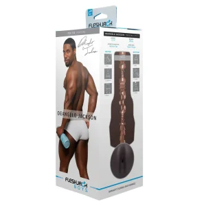 Box packaging for the Fleshjack Boys Deangelo Jackson 10/10 Signature Butt Masturbator features Deangelo Jackson in white underwear holding the device. The side displays product details, a texture diagram, and the name "DeAngelo Jackson.