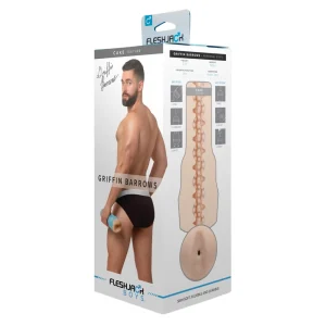 A product box for the Fleshjack Boys Griffin Barrows Cake Butt Masturbator features an image of Griffin Barrows in black underwear holding the toy, a signature, and a cutaway diagram revealing the internal texture.