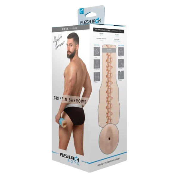 A product box for the Fleshjack Boys Griffin Barrows Cake Butt Masturbator features an image of Griffin Barrows in black underwear holding the toy, a signature, and a cutaway diagram revealing the internal texture.