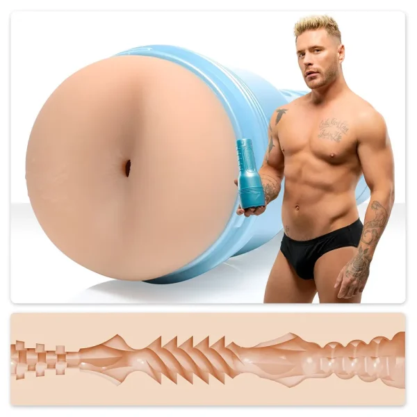 A muscular Josh Moore in black briefs holds a Fleshjack Boys Josh Moore Cheeky Butt Masturbator as a large, detailed image behind him shows the anatomically-inspired toy and a cutaway revealing its internal texture and structure.