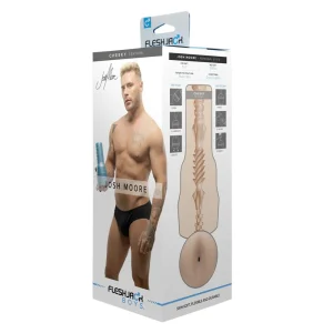 The image shows packaging for the Fleshjack Boys Josh Moore Cheeky Butt Masturbator, featuring a shirtless Josh Moore in black underwear holding the product, with detailed graphics and product info on the side of the box.