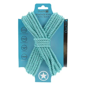 The Ouch 10 Metre Bondage Rope comes in light blue, features knot illustrations and instructions on the packaging, and is 10 meters (32.8 feet) long.