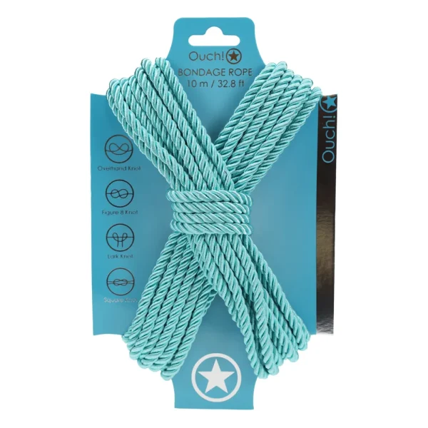The Ouch 10 Metre Bondage Rope comes in light blue, features knot illustrations and instructions on the packaging, and is 10 meters (32.8 feet) long.