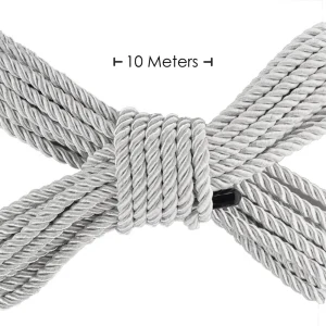 A neatly coiled length of silver Ouch 10 Metre Bondage Rope is arranged in an X shape, with a label above stating "10 Meters.