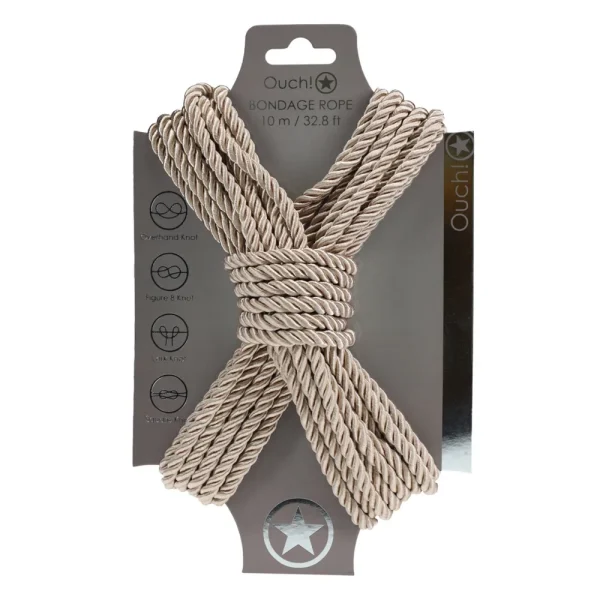 The Ouch 10 Metre Bondage Rope is a gold rope, 10 meters (32.8 feet) long, neatly coiled on cardboard packaging featuring knot illustrations on the side.