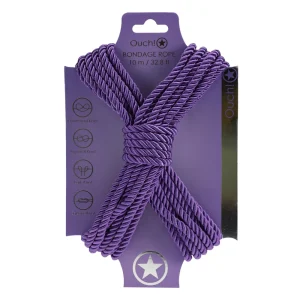 The Ouch 10 Metre Bondage Rope is neatly coiled in purple and displayed in purple packaging with knot illustrations, a star symbol at the bottom, and the label "Ouch! Bondage Rope.