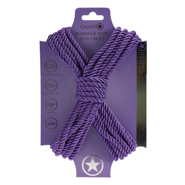 The Ouch 10 Metre Bondage Rope is neatly coiled in purple and displayed in purple packaging with knot illustrations, a star symbol at the bottom, and the label "Ouch! Bondage Rope.