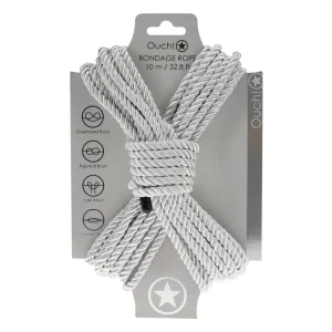A package of Ouch 10 Metre Bondage Rope, featuring 10 meters (32.8 feet) of silver twisted rope. The packaging displays knot instructions and a star symbol at the bottom.