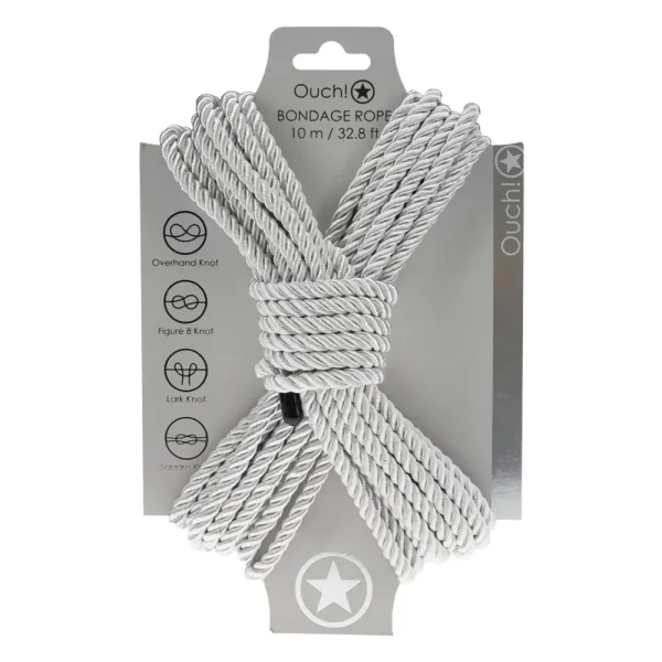 A package of Ouch 10 Metre Bondage Rope, featuring 10 meters (32.8 feet) of silver twisted rope. The packaging displays knot instructions and a star symbol at the bottom.
