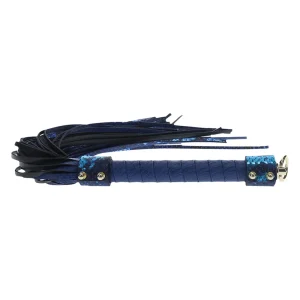 The Ouch Florence Collection Flogger features a blue and black bonded leather design with a textured handle and multiple leather tails, perfect as an impact toy.