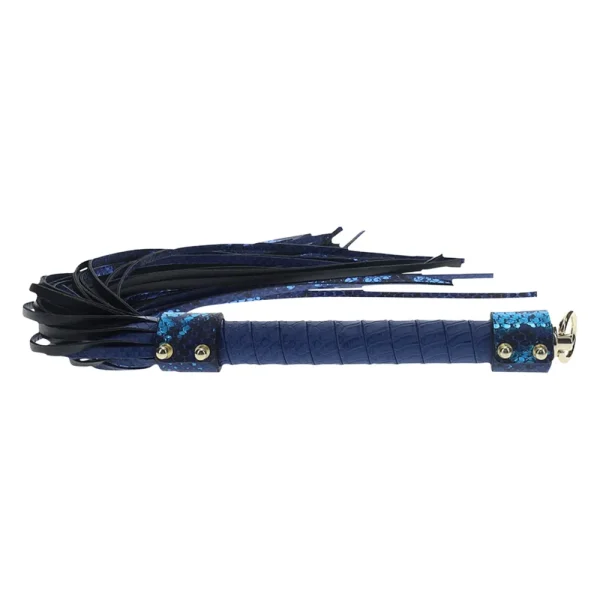 The Ouch Florence Collection Flogger features a blue and black bonded leather design with a textured handle and multiple leather tails, perfect as an impact toy.