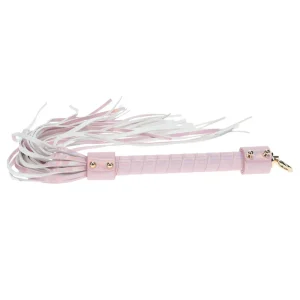 The Ouch Paris Collection Flogger is a pink and white bonded leather flogger with a wrapped handle and multiple tassels, perfect for adult roleplay or BDSM activities.