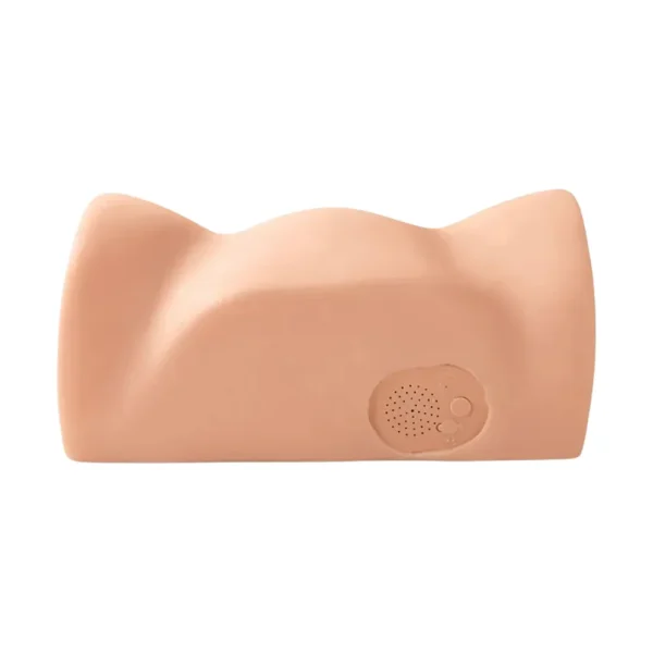 Shows the back of the PDX Extreme Dirty Talk Interactive Bad Girl Masturbator. It is a flesh coloured masturbator toy, with a small circular speaker grill and button on one side, designed for interactive adult pleasure.