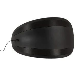 A bottom-down view of the VibePad Ride On Vibrating Remote Control Saddle Vibrator, shows a black, oval-shaped base featuring two textured strips and an attached charging cable.
