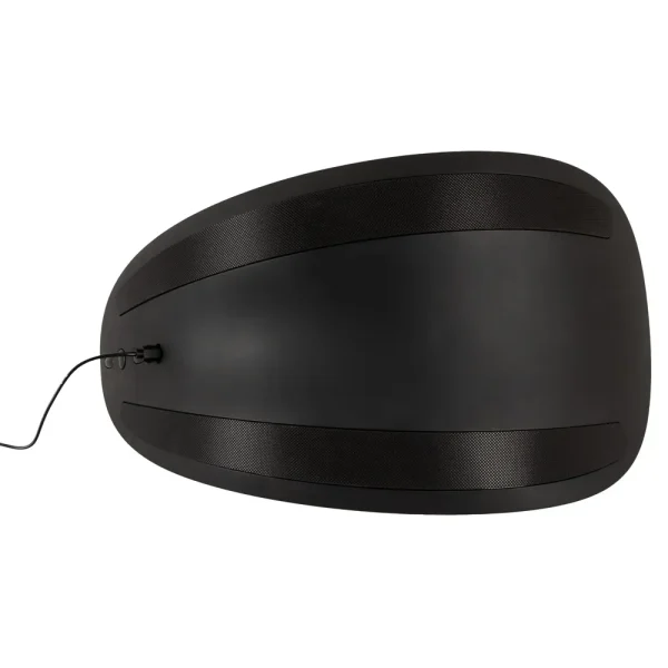 A bottom-down view of the VibePad Ride On Vibrating Remote Control Saddle Vibrator, shows a black, oval-shaped base featuring two textured strips and an attached charging cable.