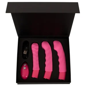 An open black box contains the attachments and accessories for theVibePad Ride On Vibrating Remote Control Saddle Vibrator.
