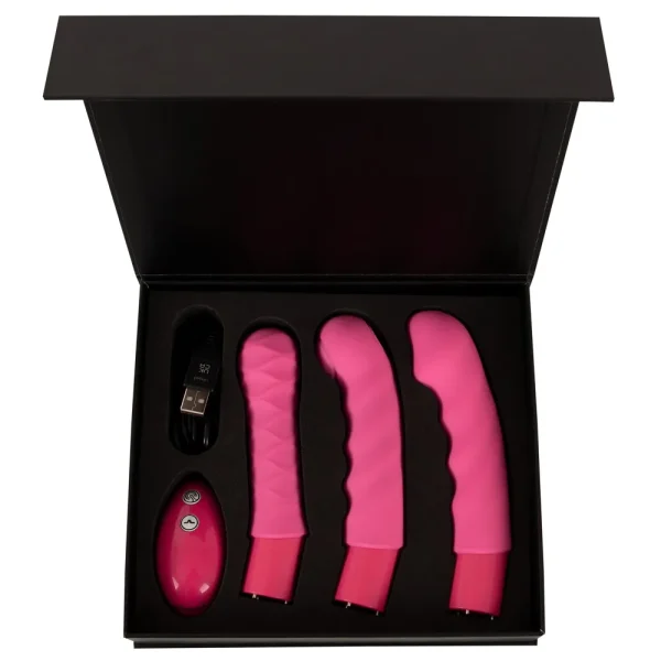 An open black box contains the attachments and accessories for theVibePad Ride On Vibrating Remote Control Saddle Vibrator.