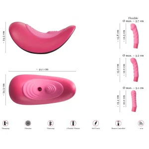 The VibePad Ride On Vibrating Remote Control Saddle Vibrator is shown from side and top views with centimeter dimensions labeled. Graphics highlight its flexibility, rechargeable battery, vibration function, and remote control capability.