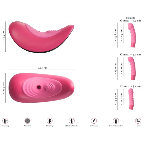 The VibePad Ride On Vibrating Remote Control Saddle Vibrator is shown from side and top views with centimeter dimensions labeled. Graphics highlight its flexibility, rechargeable battery, vibration function, and remote control capability.