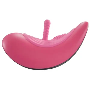 The VibePad Ride On Vibrating Remote Control Saddle Vibrator is a pink, saddle device with a textured upright dildo attachment and smooth surfaces, designed for ergonomic comfort and pleasure.