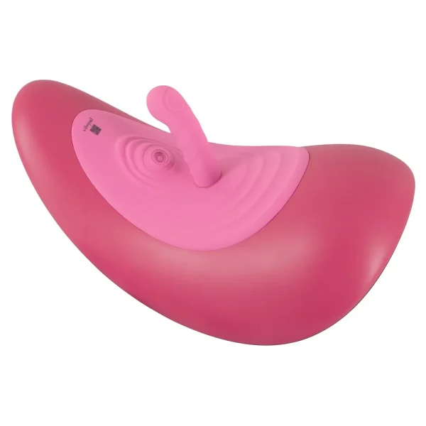 The VibePad Ride On Vibrating Remote Control Saddle Vibrator is a large, smooth, curved saddle in two shades of pink with an dildo attachment.