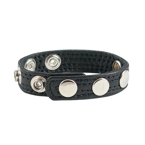 A black leather cock ring with silver snap buttons evenly spaced around it, shown against a white background.
