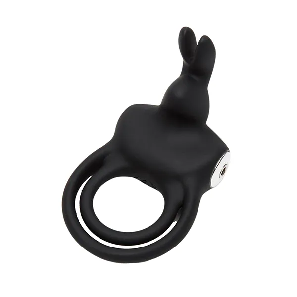 A black silicone vibrating ring with a rabbit-shaped attachment, featuring two ring loops and a small metallic button on the side.